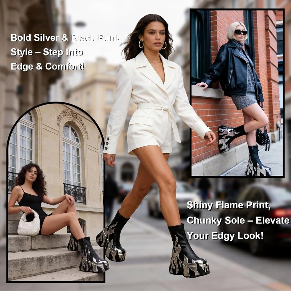 Women Silver Flame Printing Chunky Sole Ankle High Zipper Closure Round Toe Boot - Picture 4 of 8